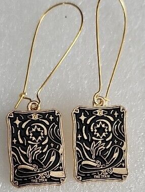Hand Crafted Gold and Black Tarot Card Dangle Earrings - The Star